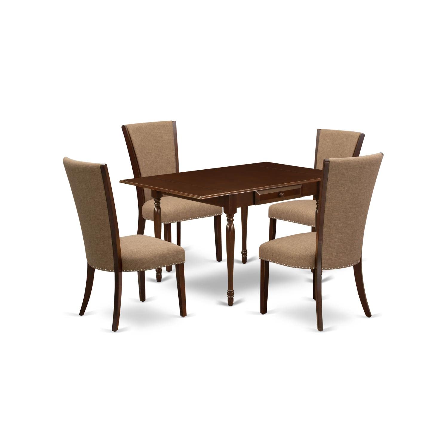 East West Furniture Mzve5-Mah-47 5 Piece Dining Table Set Includes A Rectangle Dining Room Table With Dropleaf And 4 Light Sable Linen Fabric Upholstered Chairs, 36X54 Inch, Mahogany